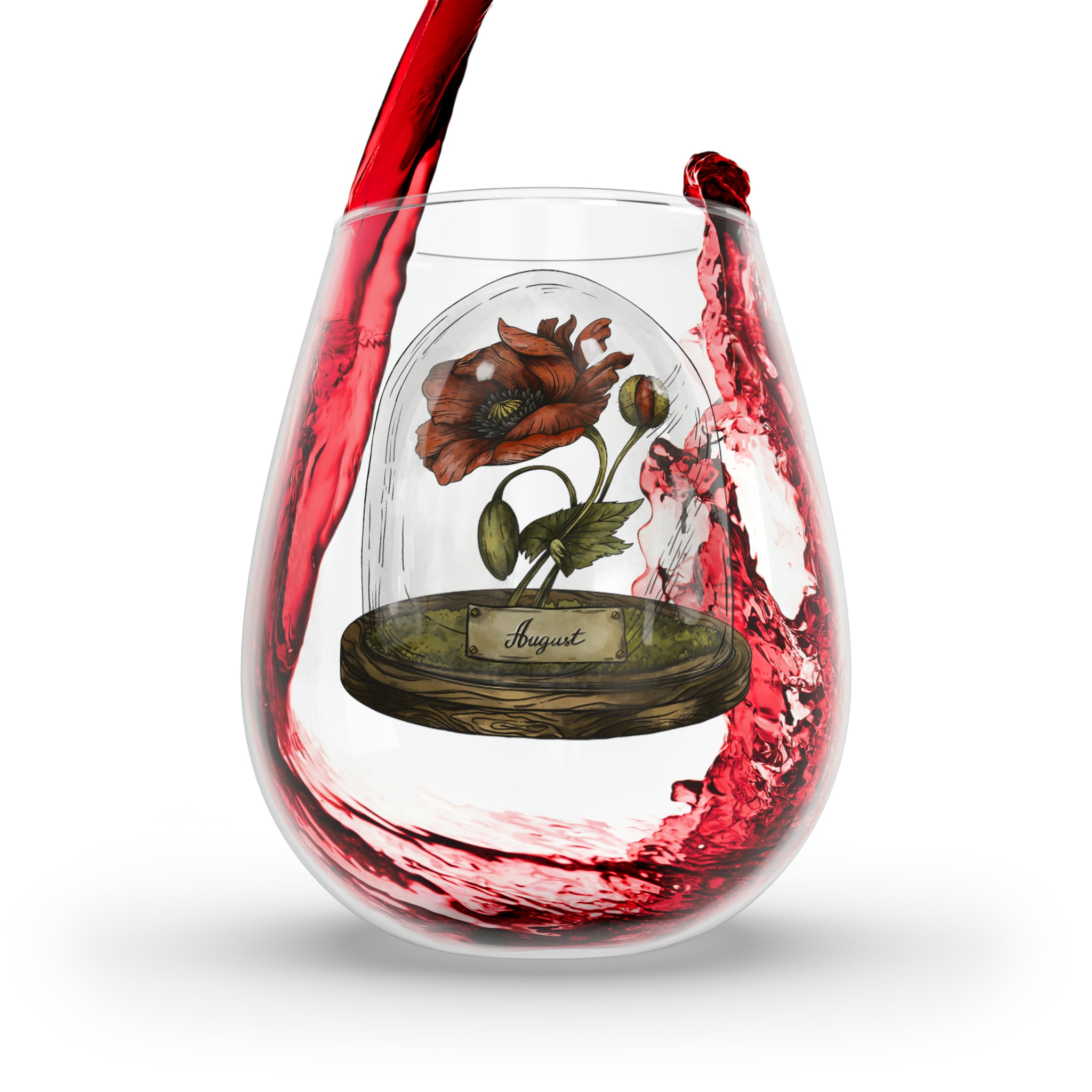 August Birth Flower - Stemless Wine Glass, 11.75oz
