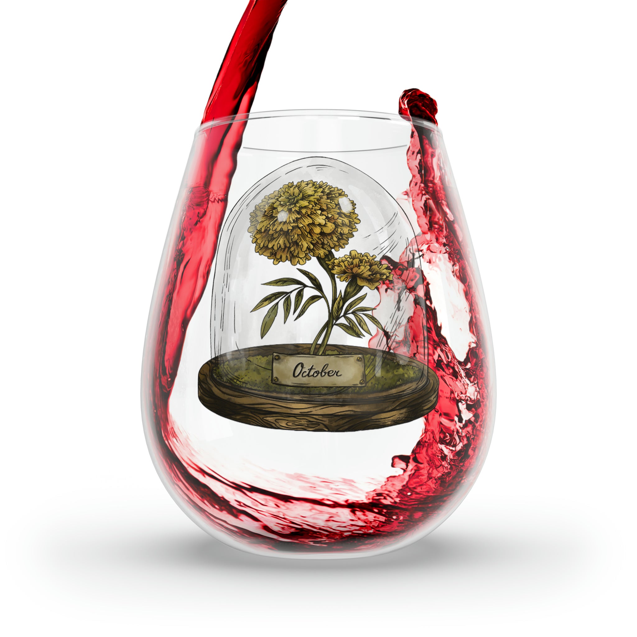 October Birth Flower - Stemless Wine Glass, 11.75oz