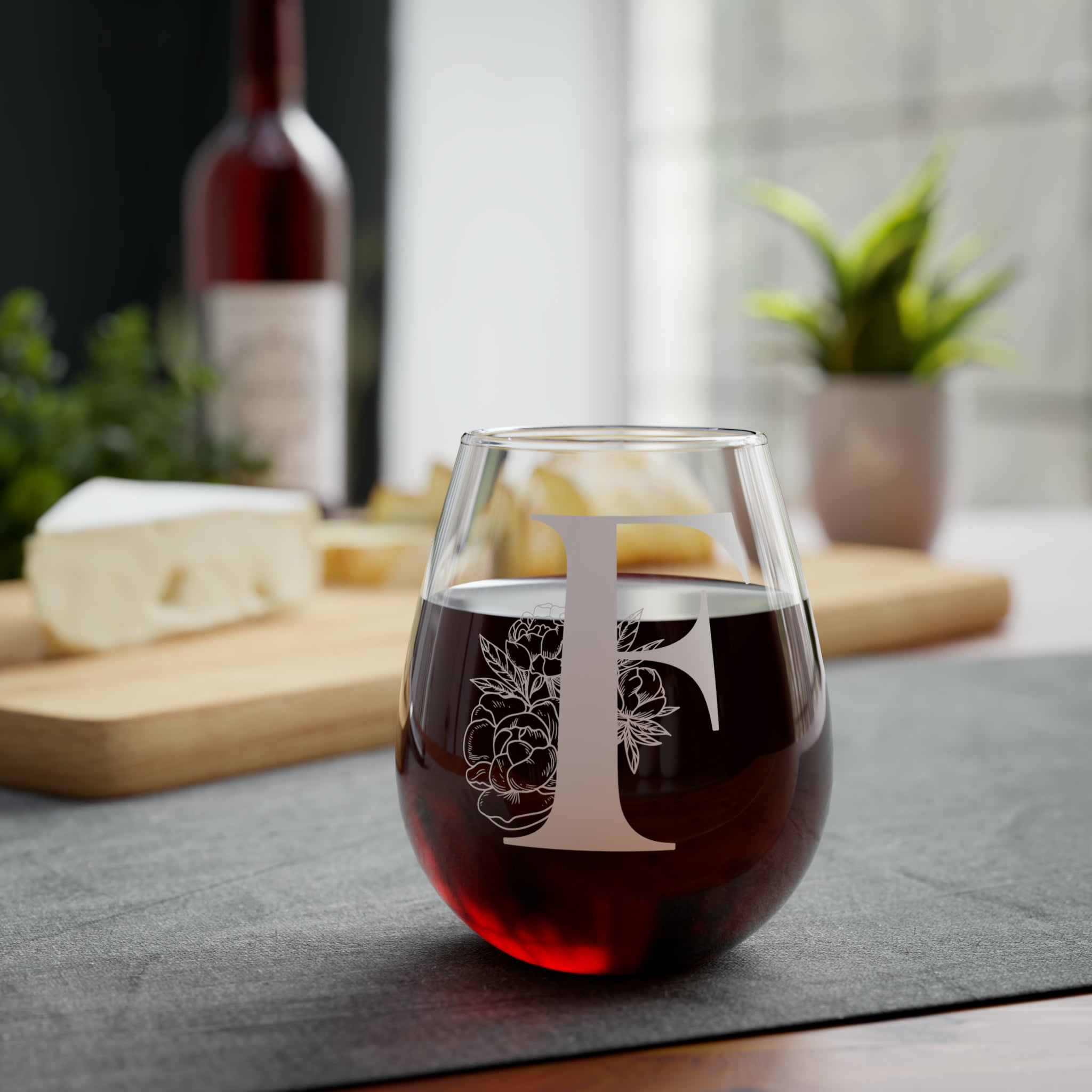 Stemless Wine Glass, 11.75oz - Monogram F