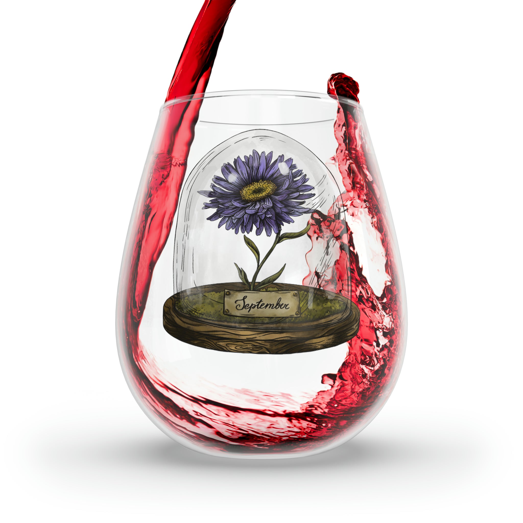 September Birth Flower - Stemless Wine Glass, 11.75oz