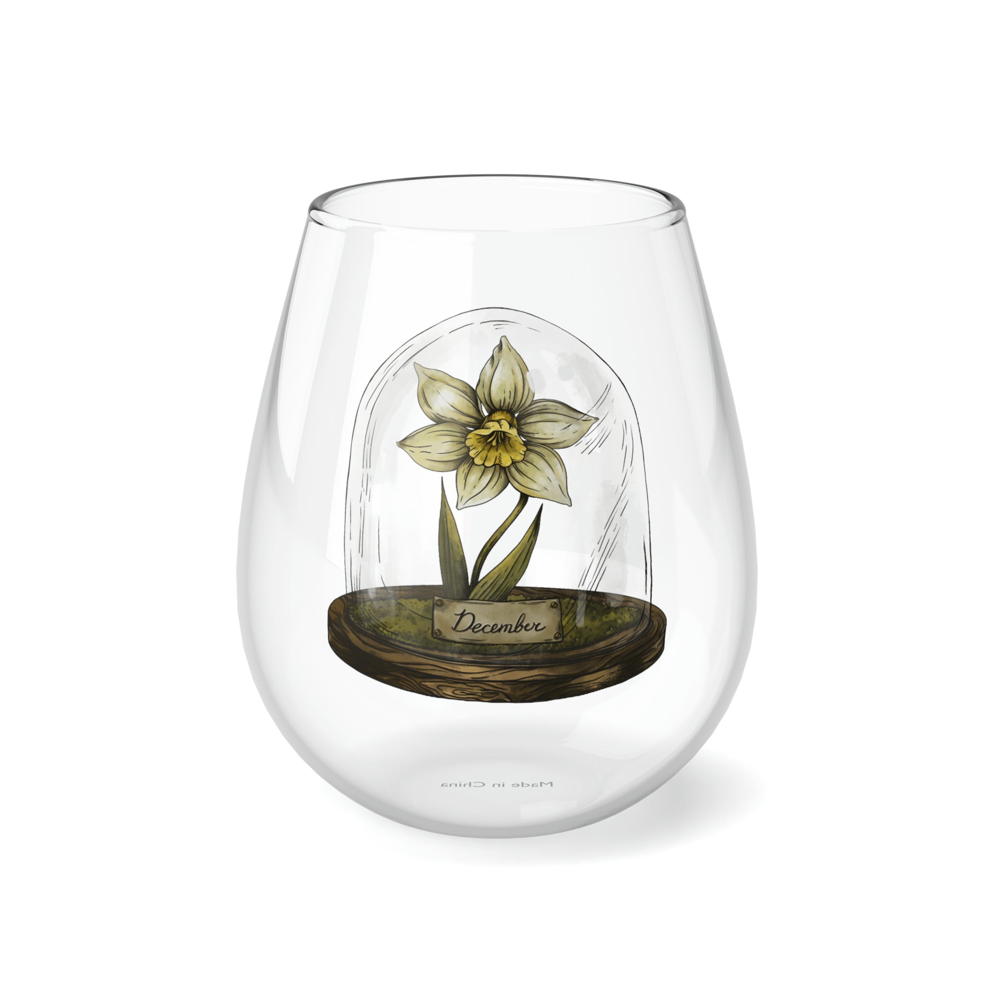December Birth Flower - Stemless Wine Glass, 11.75oz